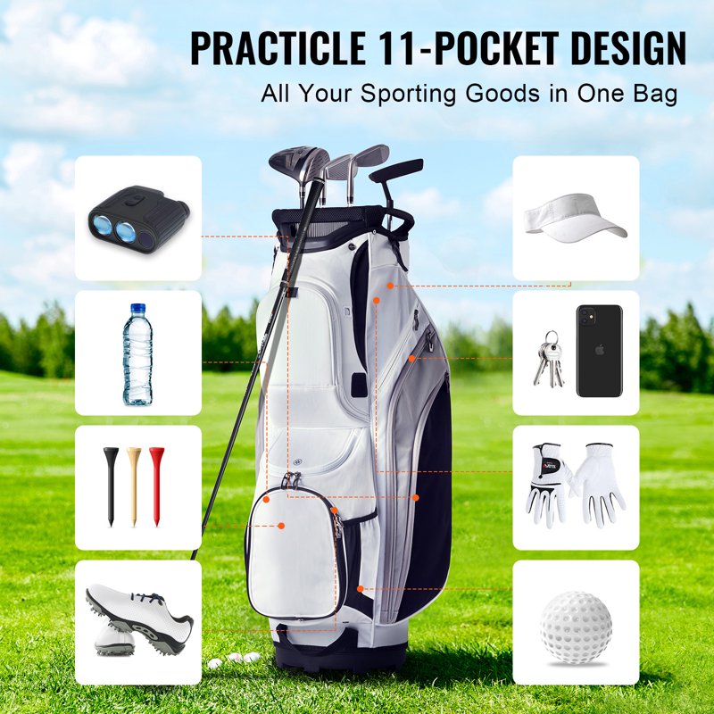 Golf Bag with 14-Way Divider, 36", 13 Pockets, White Color-Block Design – Waterproof, Durable