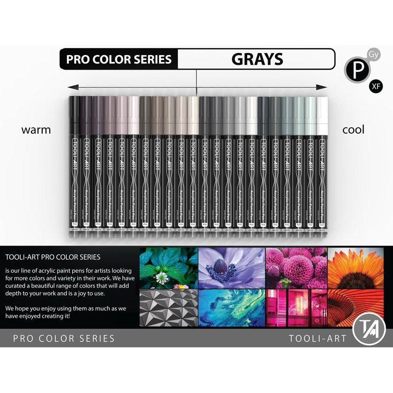 Tooli-Art 22-Color Gray Acrylic Paint Pens Set | 0.7mm Extra-Fine Tip — Variation: Gray