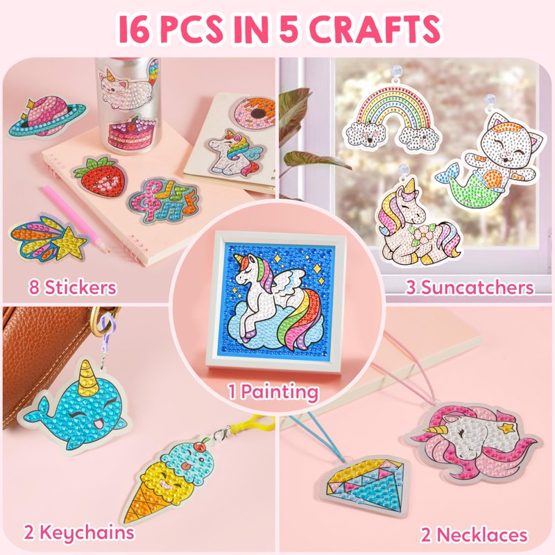 Kids Diamond Art Craft Kit for Girls - 16 Projects Including Unicorn & Princess Variations
