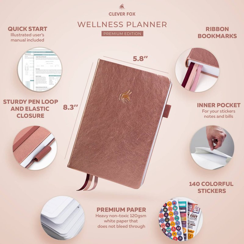 Wellness Planner - 6-Month Undated Health & Fitness Journal - Rose Gold