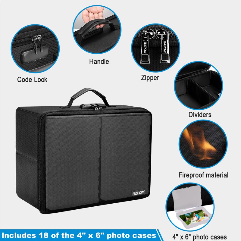 Fireproof Photo Storage Box with Lock and 18 Photo Cases - 4x6 Inch Organizer for Photos, Documents, Valuables