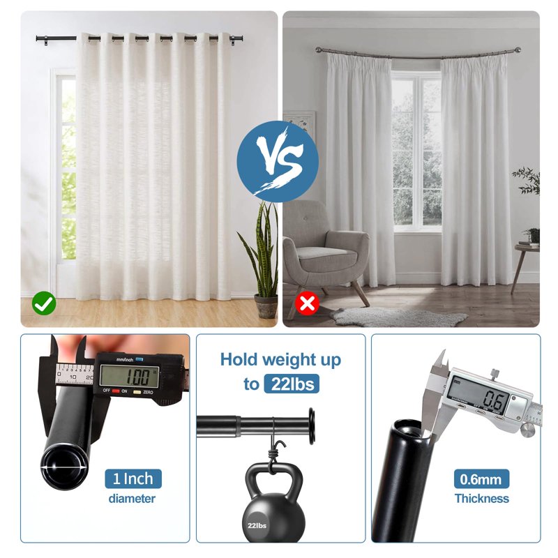 Adjustable Curtain Rod Set with Finials - Modern Metal Window Treatment, Multiple Lengths & Finishes