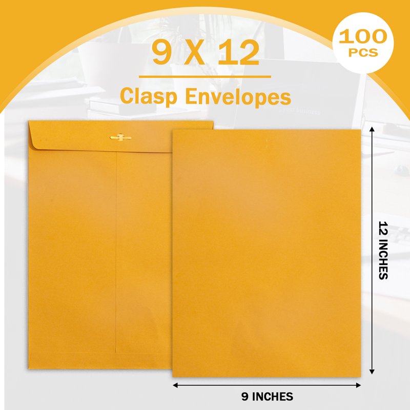 9x12 Clasp Envelopes with Gummed Seal - 100 Pack Kraft Mailing Envelopes for Business & Office
