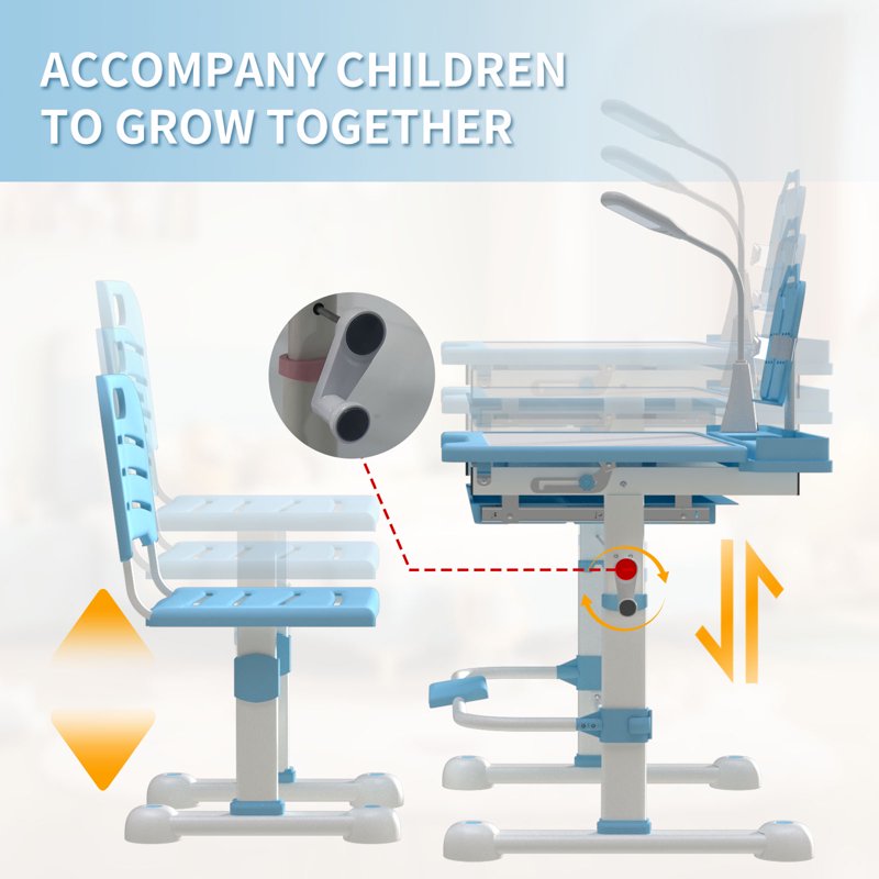 Height Adjustable Kids Desk and Chair Set with LED Light & Storage Drawer
