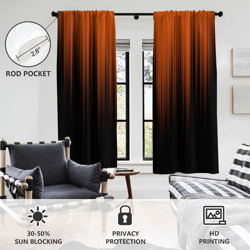 Boho Ombre Window Curtains - Orange & Black Two-Tone Striped Drapes for Living Room & Bedroom, 52"W x 84"L, 1 Pair