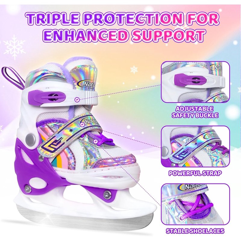 Adjustable Kids Ice Skates for Girls with Fleece Lining and Rainbow Design