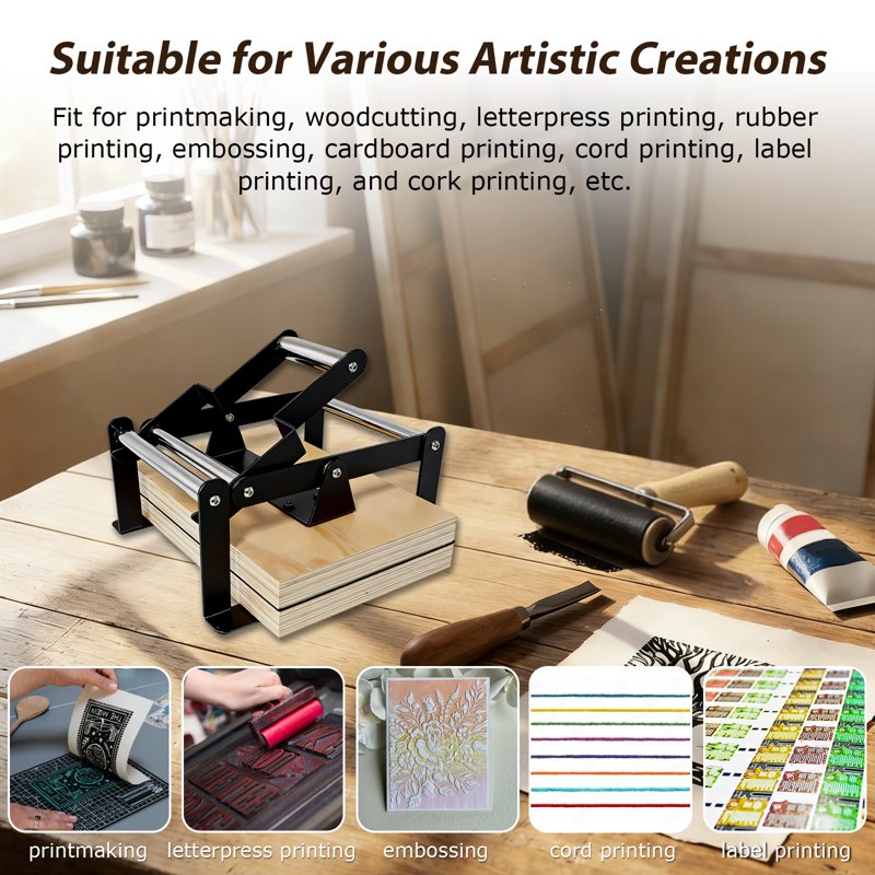 A4 Linocut Printing Press Machine with Rubber Roller & Felt Pads for Art & Craft
