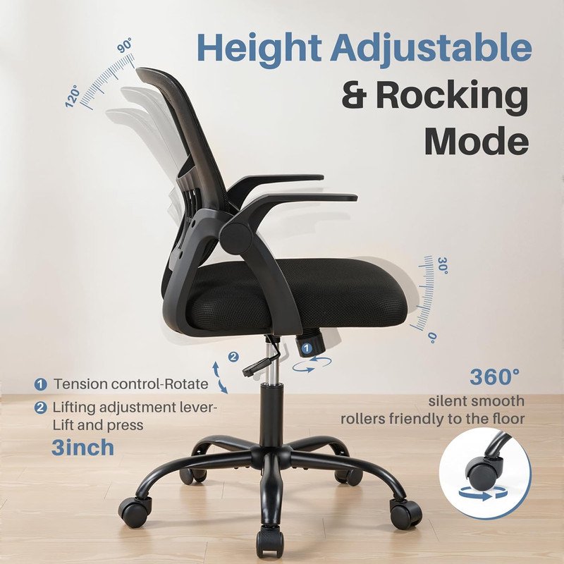 Ergonomic Mesh Office Chair with Flip-Up Arms, Adjustable Lumbar, Space-Saving Design