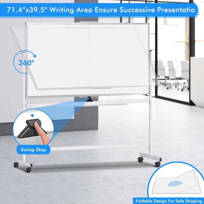 Large Double-Sided Mobile Whiteboard on Wheels - 72x40 Inches, Magnetic Dry Erase, Adjustable Stand for Office, School, Home