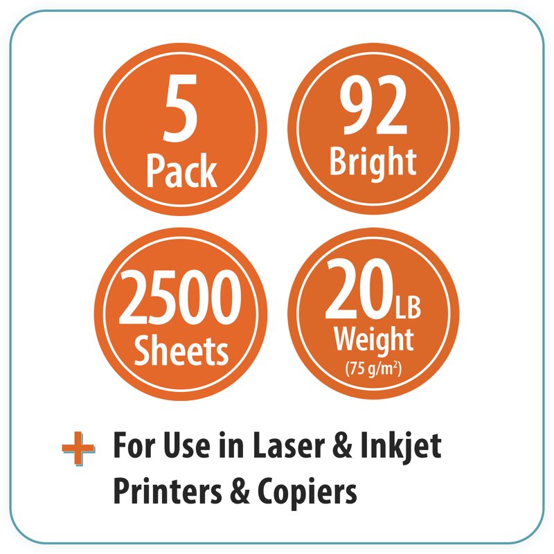 8.5 x 11 Copy Paper - 92 Bright, 20 lb, White, 5 Ream Case - Multipurpose Office & School Paper