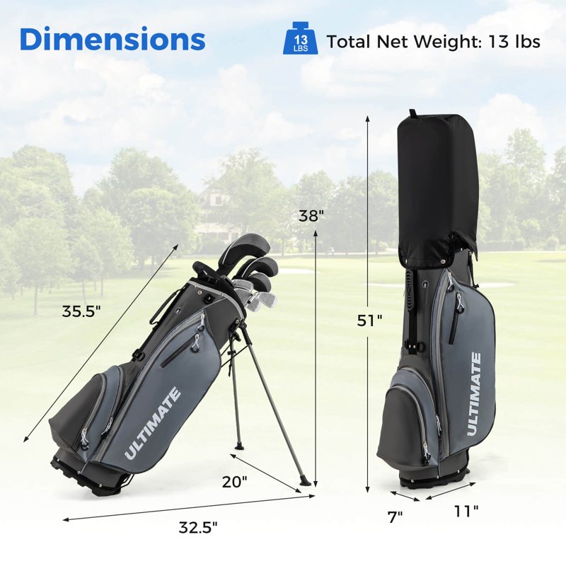 Costway Men's Golf Club Set 10 Pieces with Alloy Driver, Putter + Stand Bag — Gray