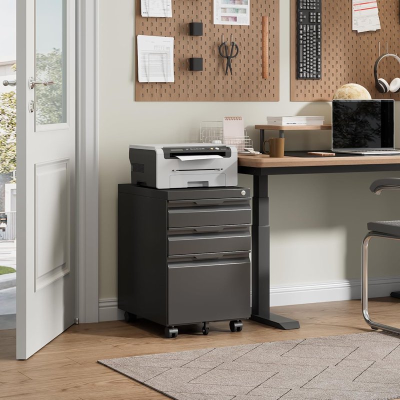 Locking 3-Drawer Metal File Cabinet on Wheels for Office & Home Storage