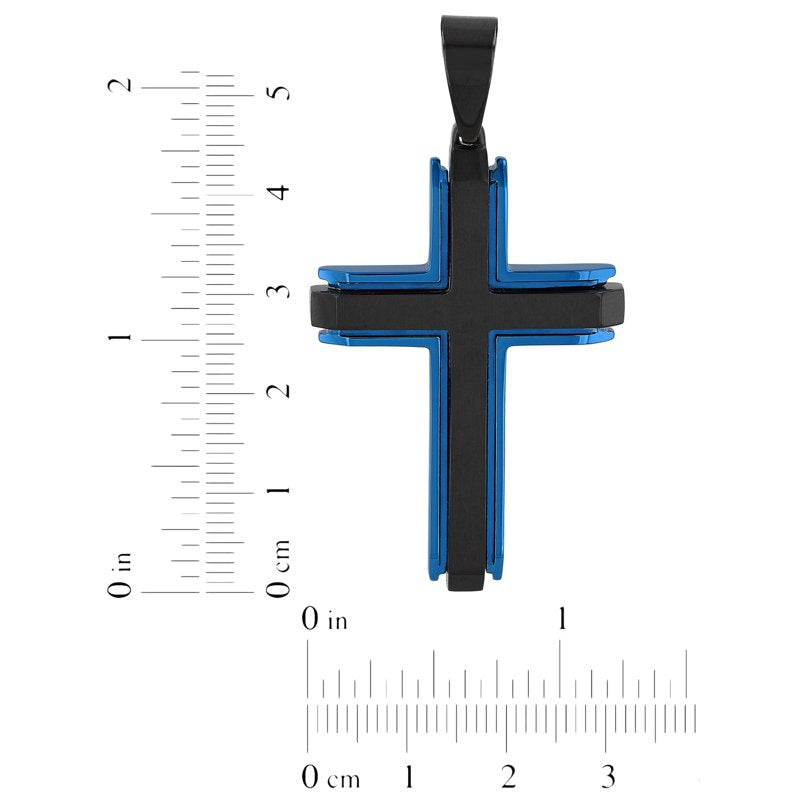 Men's Black and Blue Stainless Steel Cross Pendant Necklace - 24 Inch Chain