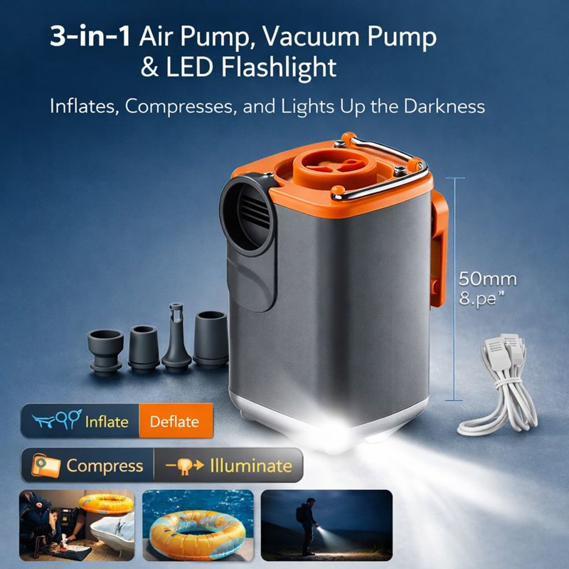 Portable Air Pump for Inflatables with Nozzles, Rechargeable Camping Light