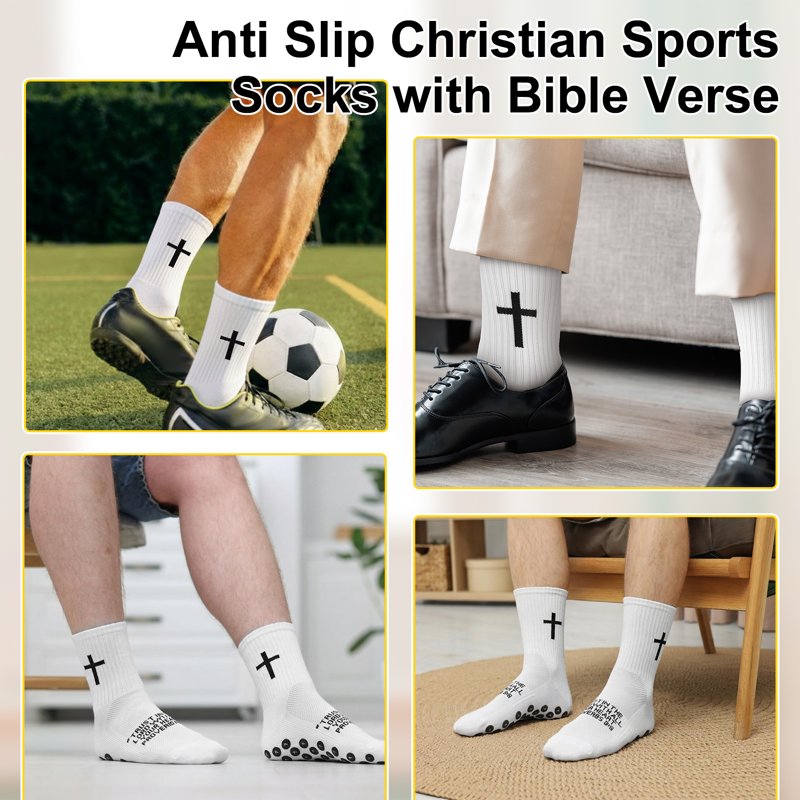 Cross-Grip Soccer Socks 4-Pair Set, White, Anti-Slip Training Socks US 7-11