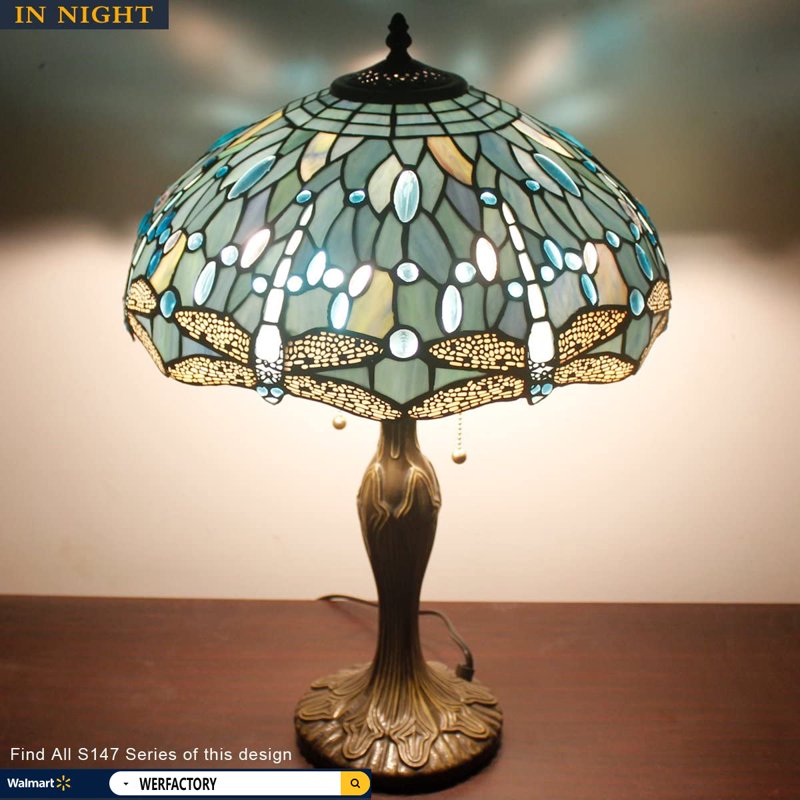 Large 24-Inch Sea Blue Tiffany Table Lamp with Stained Glass Dragonfly Design