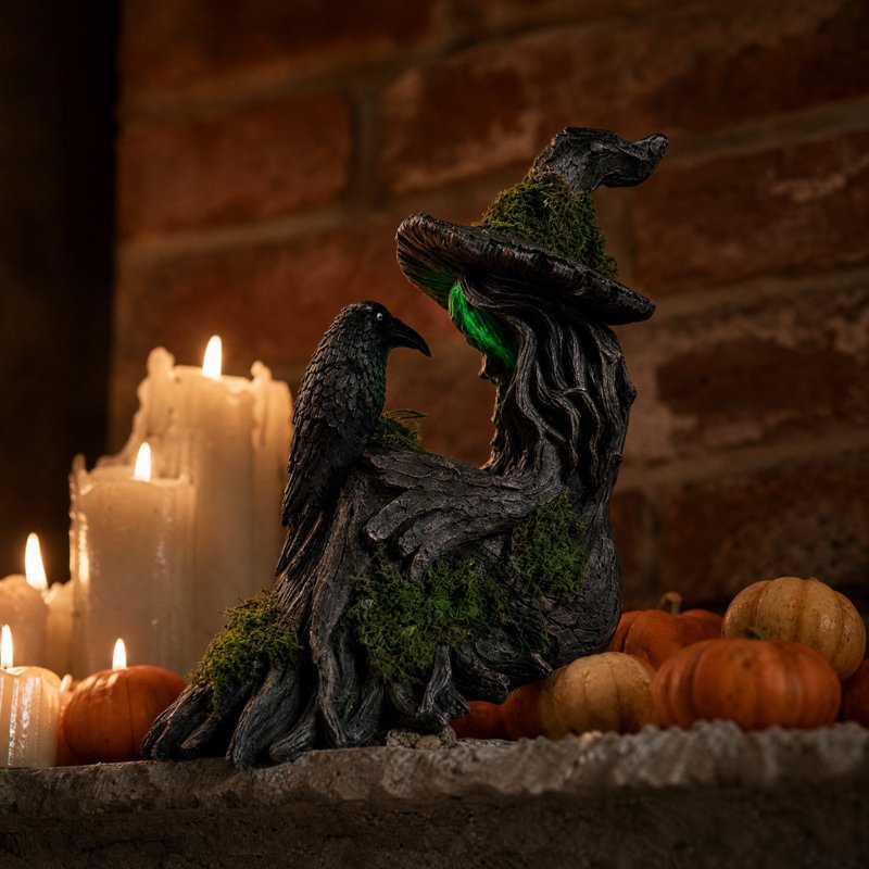 Lighted Witch and Crow Resin Figurine Halloween Gothic Tabletop Decor