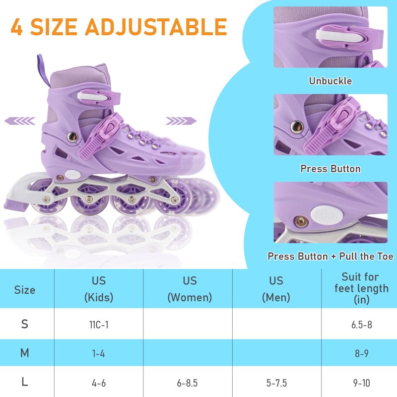 Adjustable Inline Skates for Women and Kids - Illuminated Rainbow Wheels, Safety & Comfort