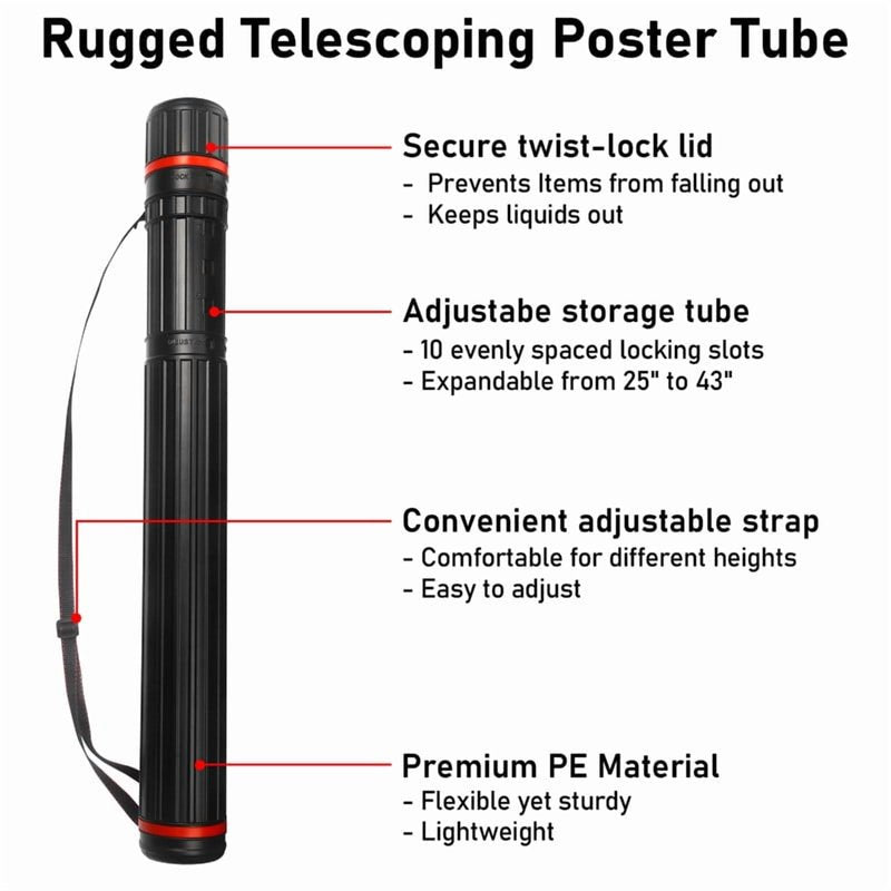Extendable Waterproof Poster Tube with Shoulder Strap - 25 to 40 Inch Art & Blueprint Storage