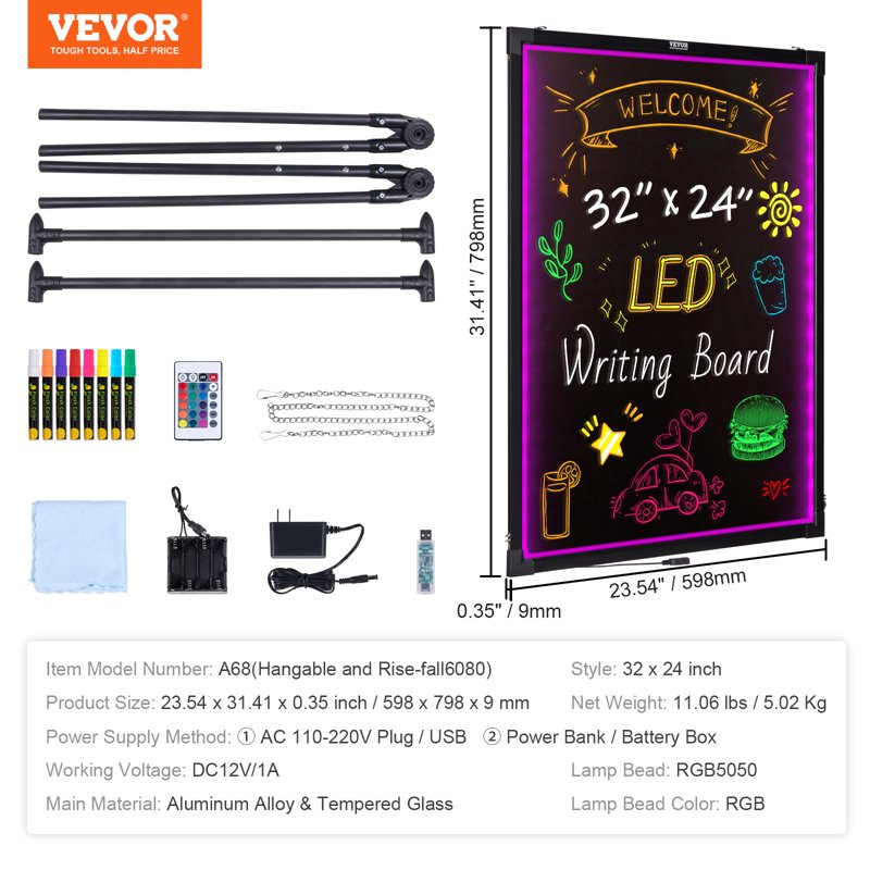 LED Message Writing Board 32x24 Inch Neon Effect Sign with Markers & Remote