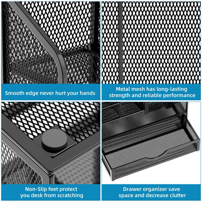 Multi-Functional Mesh Desk Organizer with Drawer - Office Stationery Storage