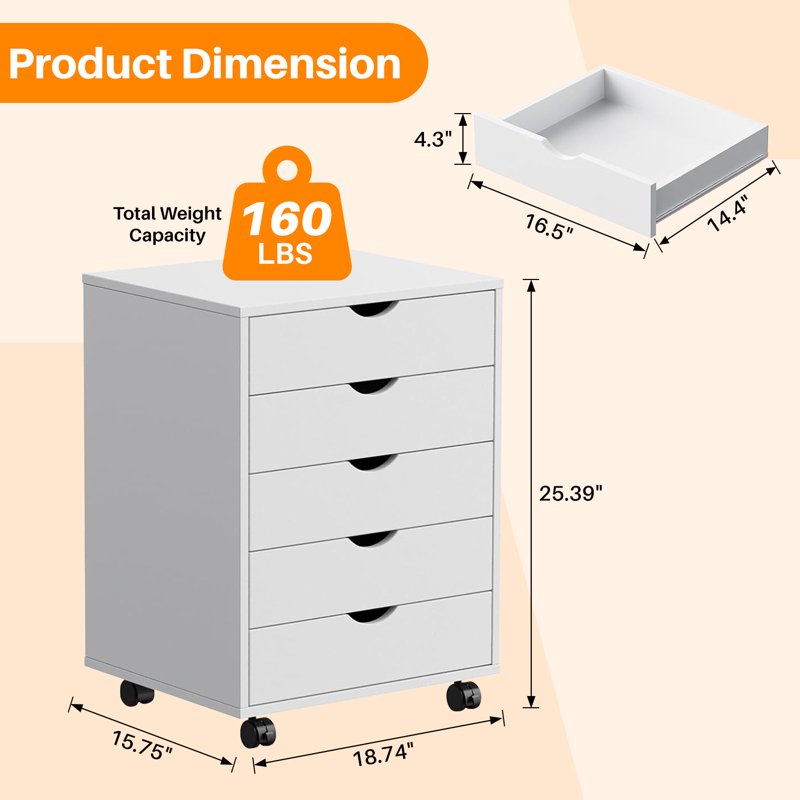 Wooden 5-Drawer Mobile Storage Chest with Wheels for Office & Home Organization
