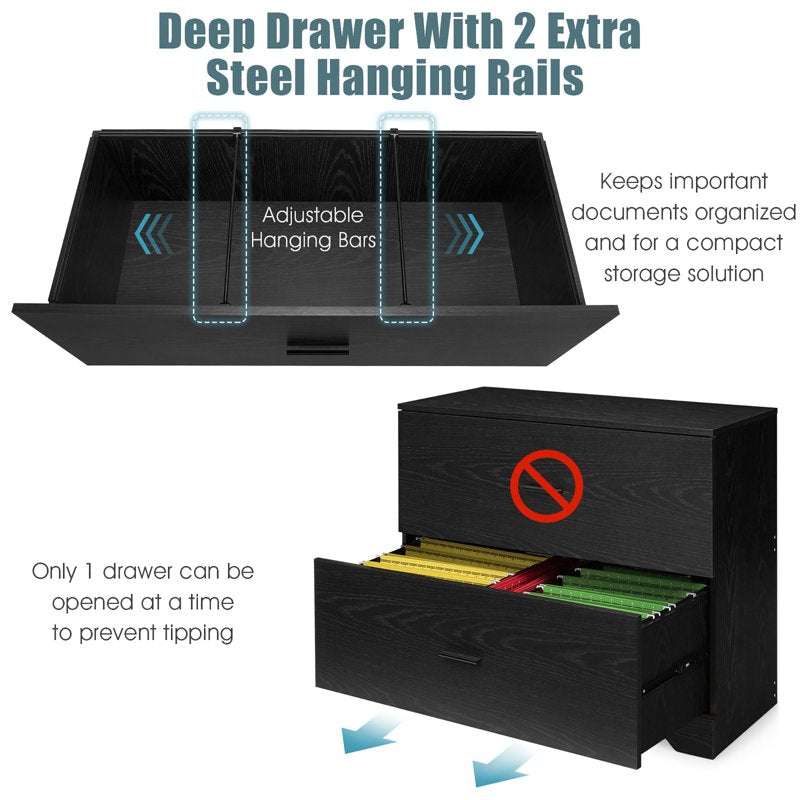 2-Drawer Lateral File Cabinet for Home Office, Adjustable Steel Bars, Black