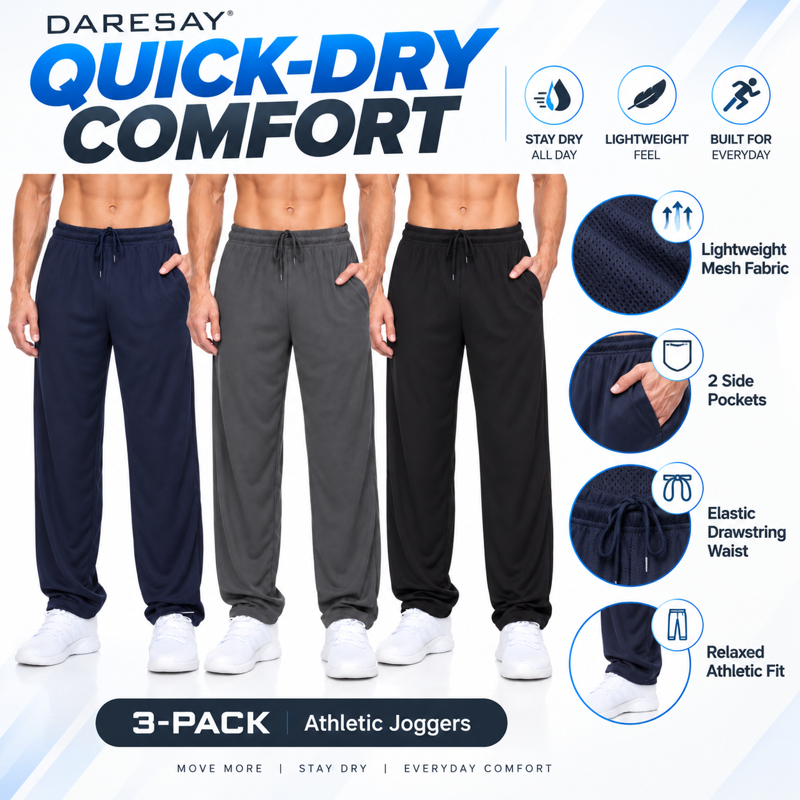 Men's Lightweight Quick-Dry Mesh Jogger Pants 3-Pack - Activewear
