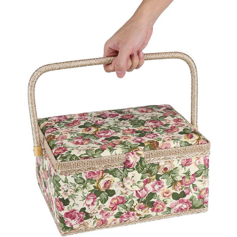 Large Vintage Sewing Basket with Compartments for Needles Thread and Supplies