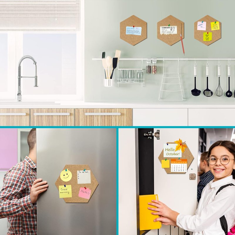 8 Pack Hexagon Cork Bulletin Boards with Self-Adhesive Backing & Push Pins for Home Office School Decor