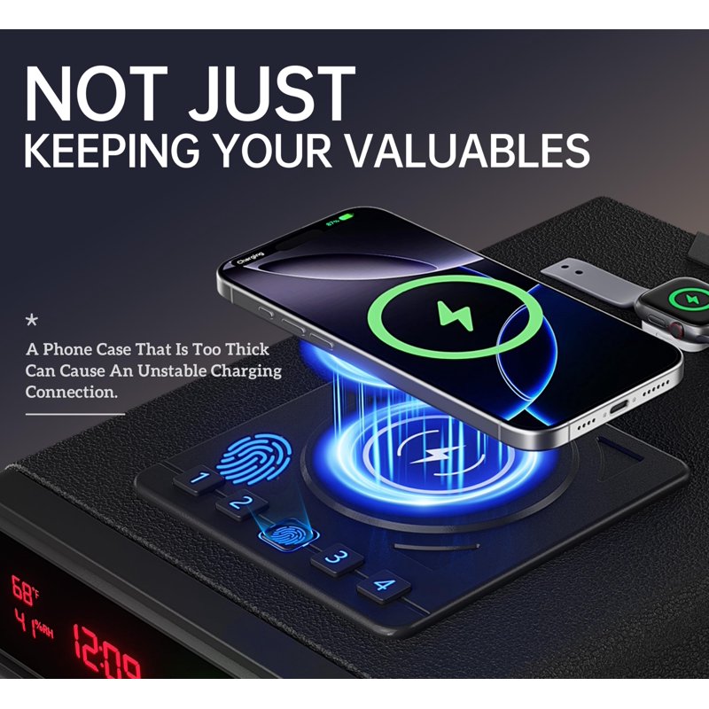 Biometric Smart Safe with Wireless Charging and Digital Clock - Compact Security Box