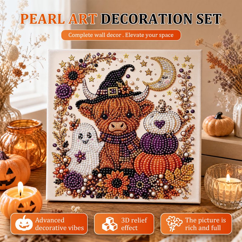 Halloween Pearl Art DIY Kit for Home Decor - Ghost & Pumpkin Design, Partial Drill, Luminous Pearls, Beginner Craft
