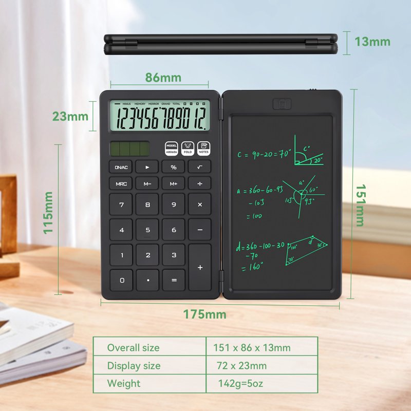 Basic Pocket Calculator with Erasable LCD Notepad for Students, Foldable Portable Design