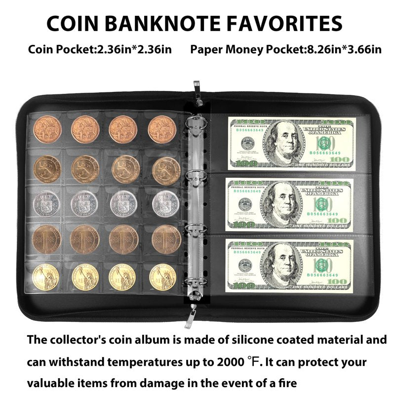 Coin Collection Album with 360 Pockets for Coins & Banknotes - Fireproof Storage Case