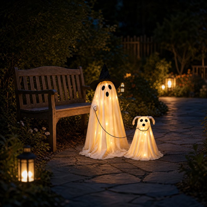 Halloween Outdoor Decorations Ghost Dog Set with Remote Control String Lights - 2 Pack