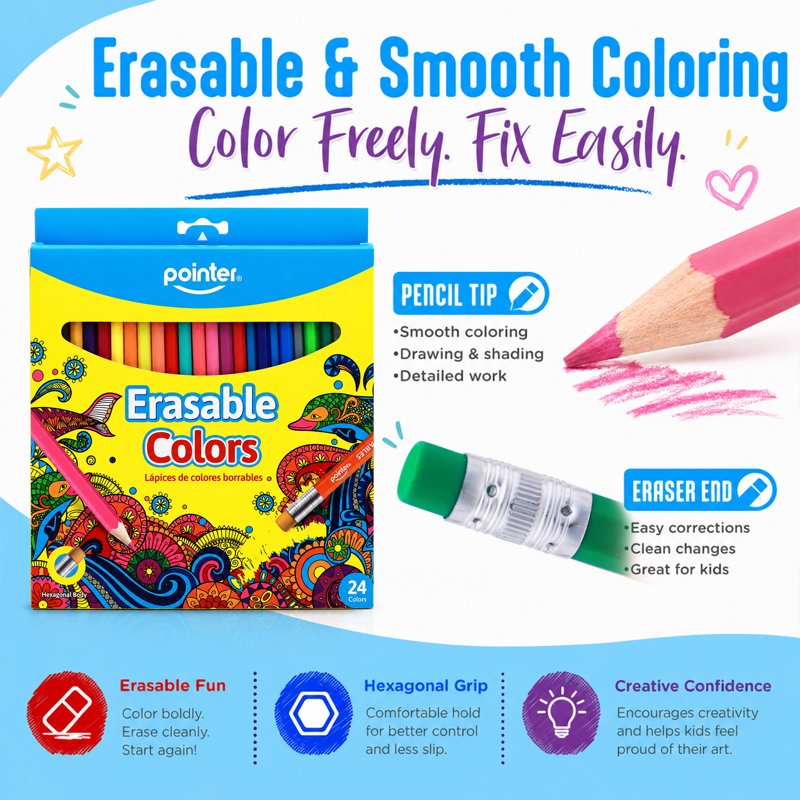 Erasable Colored Pencils Set - 24 Vibrant Art & School Drawing Supplies