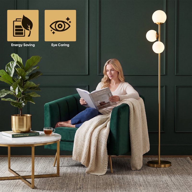 Gold 3-Light Globe Floor Lamp with Frosted Shades - Modern Standing Tree Lamp for Living Room Bedroom