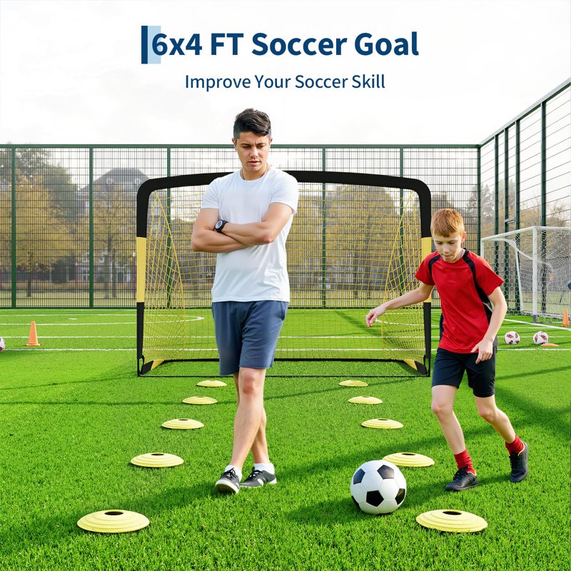 6x4 ft Portable Soccer Goals Set for Kids – Foldable Backyard Practice Goal (Set of 2, Yellow/Black)