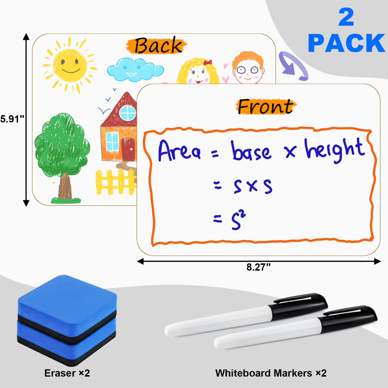Dry Erase Lap Boards Set - Double Sided Whiteboards for Classroom and Office, 6x8 Inch, 2 Pack with Markers and Erasers