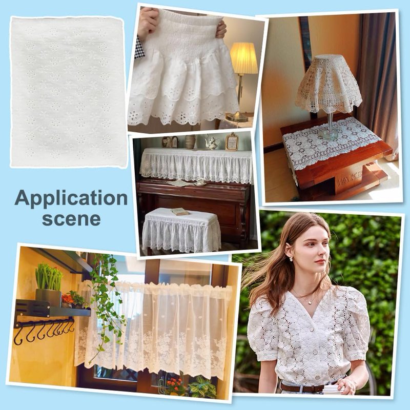 Cotton Embroidered Lace Fabric for Sewing and Decoration, White, 130-153cm Wide