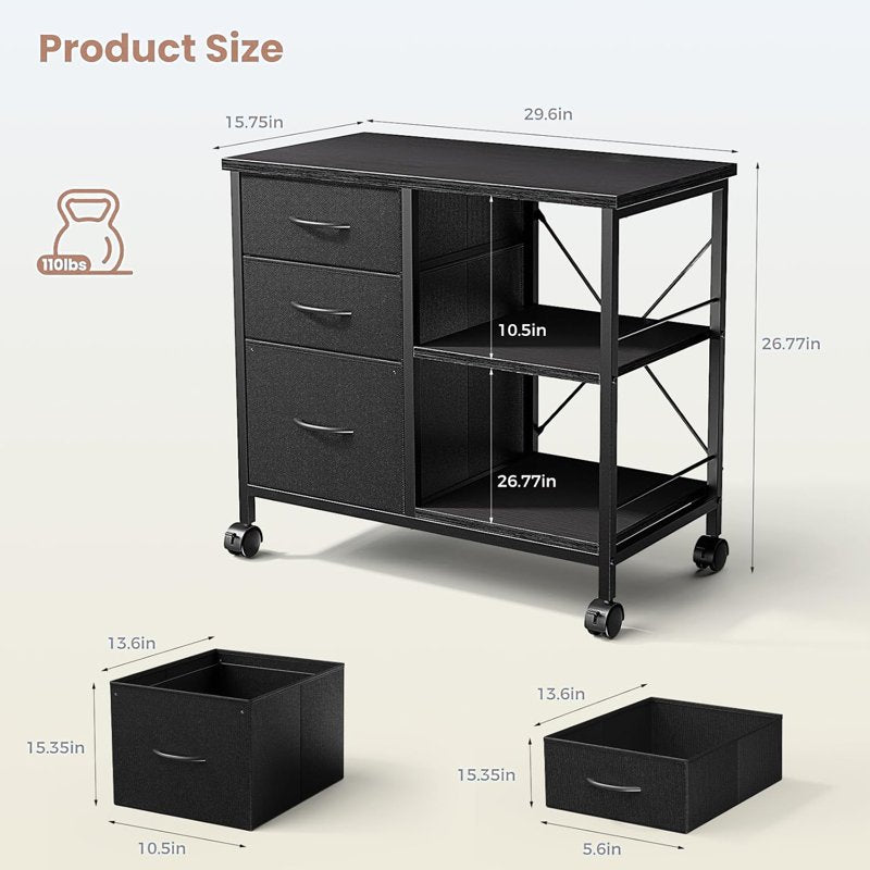 3-Tier Mobile File Cabinet with Lockable Casters and Storage - Rustic Black