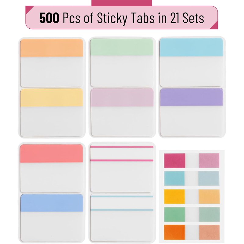 Repositionable File Tabs Set - 500 Writable Colorful Index Labels for Office & Study