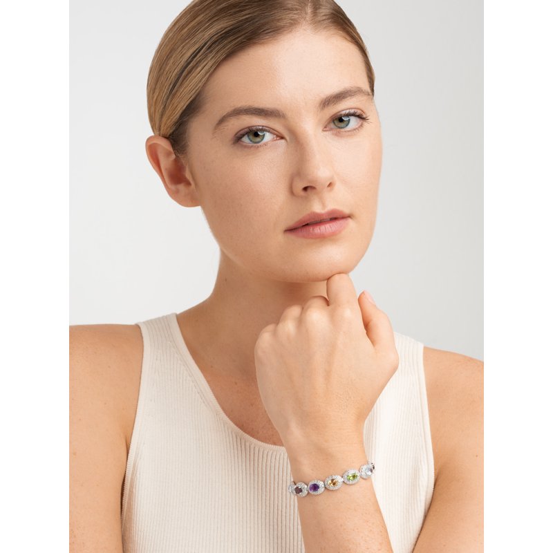 Sterling Silver Multi-Gemstone Tennis Bracelet with Diamond Accents 7.25"