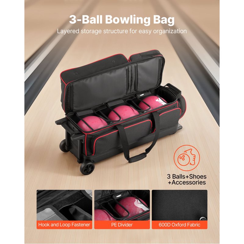 3-Ball Bowling Bag with Wheels, Shoe Compartment & Large Accessory Pocket