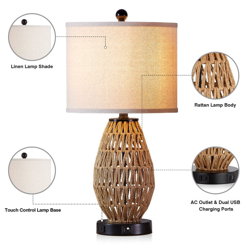 Modern Rattan & Linen Table Lamps with USB & AC Outlet - Touch Control, Dimmable Nightstand Lighting