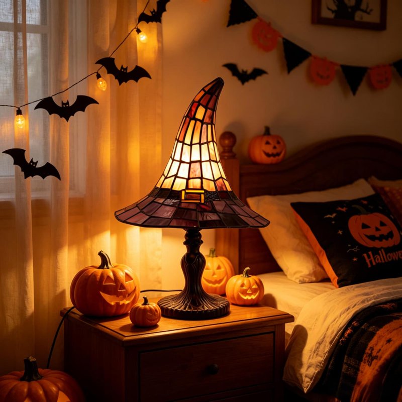 Variation: Black Witch Hat Lamp LED Night Light – Halloween Decor, Gothic Shelf Mantel Table