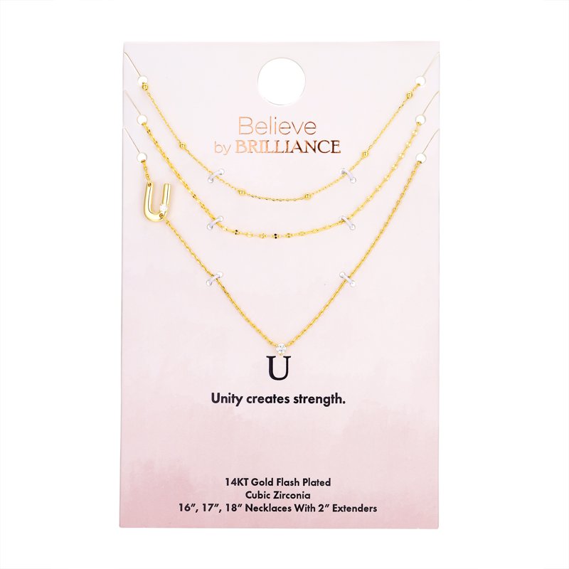 Initial Necklace Set in 14K Gold Flash Plated with Cubic Zirconia, Multiple Charms