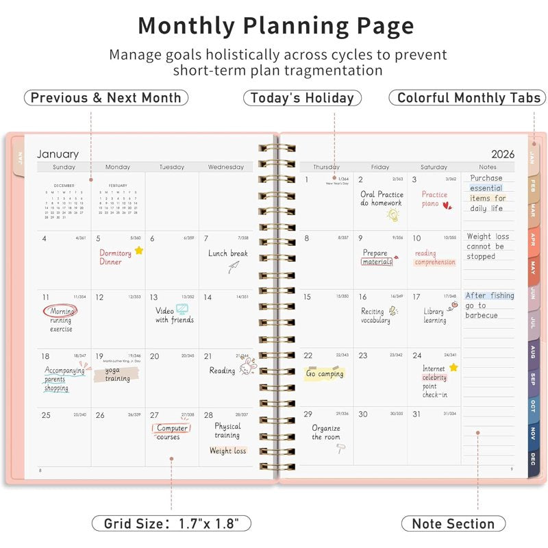 2026-2027 Monthly Planner with Tabs, A5 Size, Flexible Cover, Agenda & Calendar