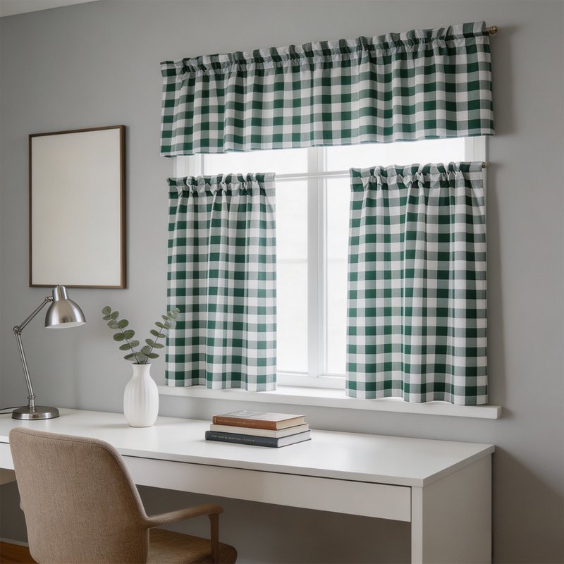 Farmhouse Style 3-Piece Kitchen Window Curtain Set - Blackout Plaid Farmhouse Drapes for Small Windows