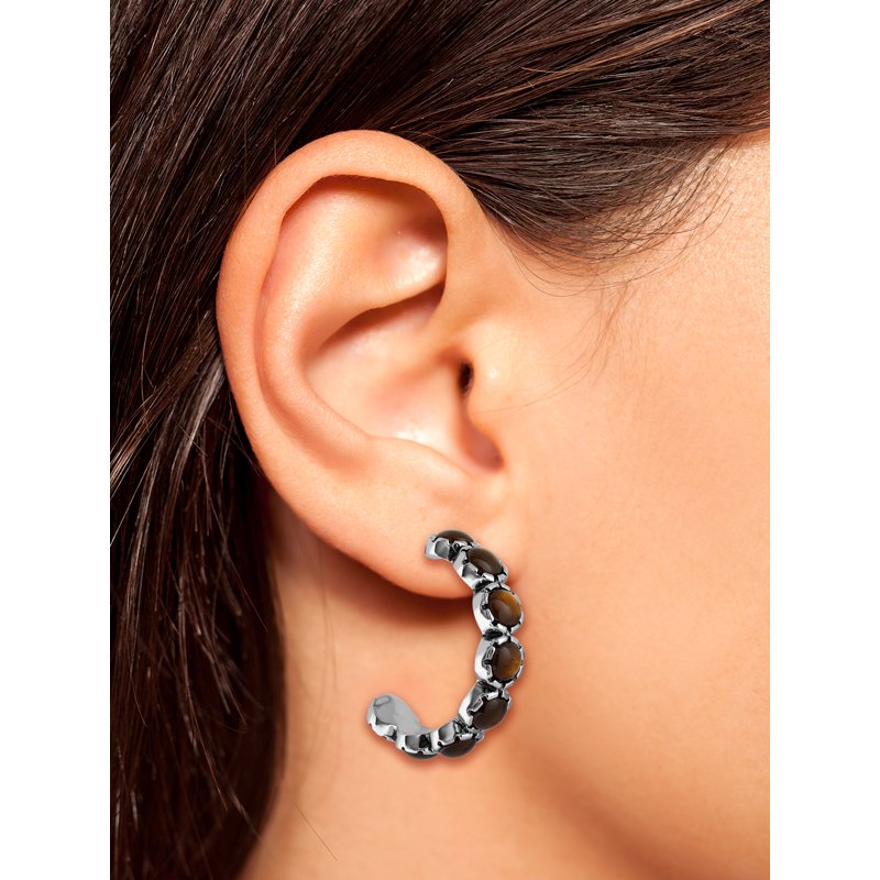 Jessica Simpson Women's Silver Tone Brown Stone Hoop Earrings - Vintage Charm